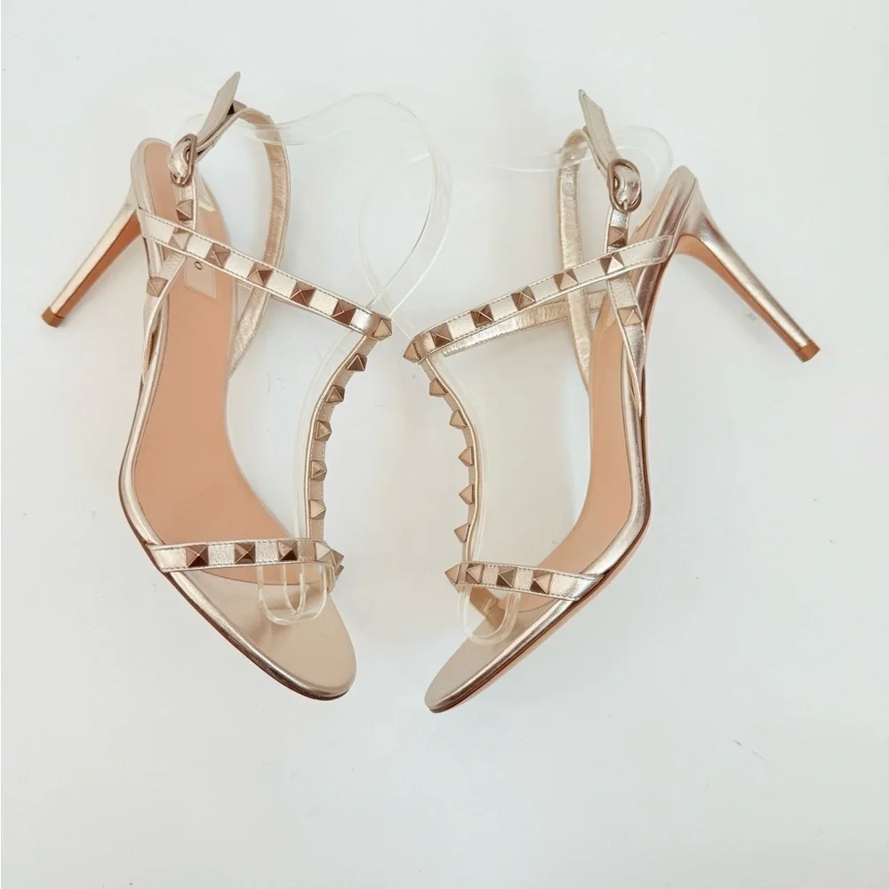 Valentino Garavani Metallic Gold Rockstud Tstrap open toe heels sandals EU 40